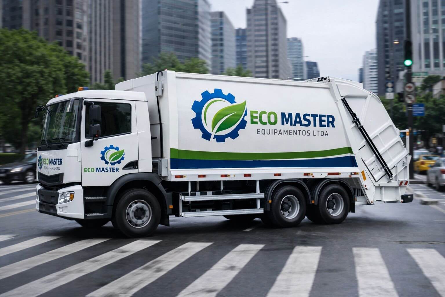 Caminhão coletor compactador de lixo branco com implemento Eco Master em operação de coleta urbana.