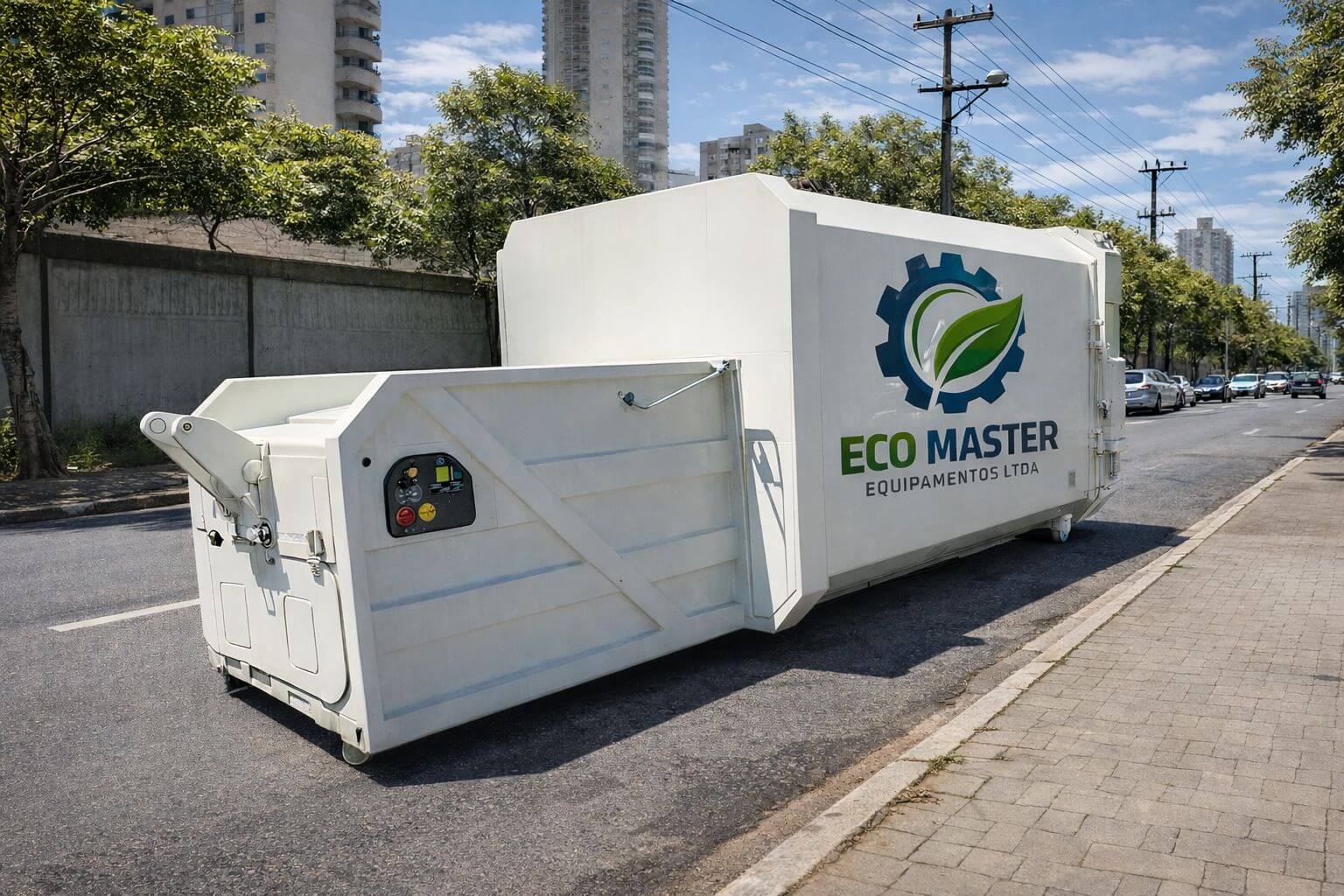 Equipamento compactador de resíduos estacionário industrial da Eco Master, de cor verde, instalado em base de concreto.